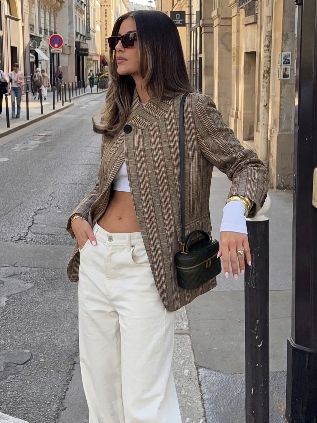 Oversized Plaid Blazer Single Button Stand Collar Jacket