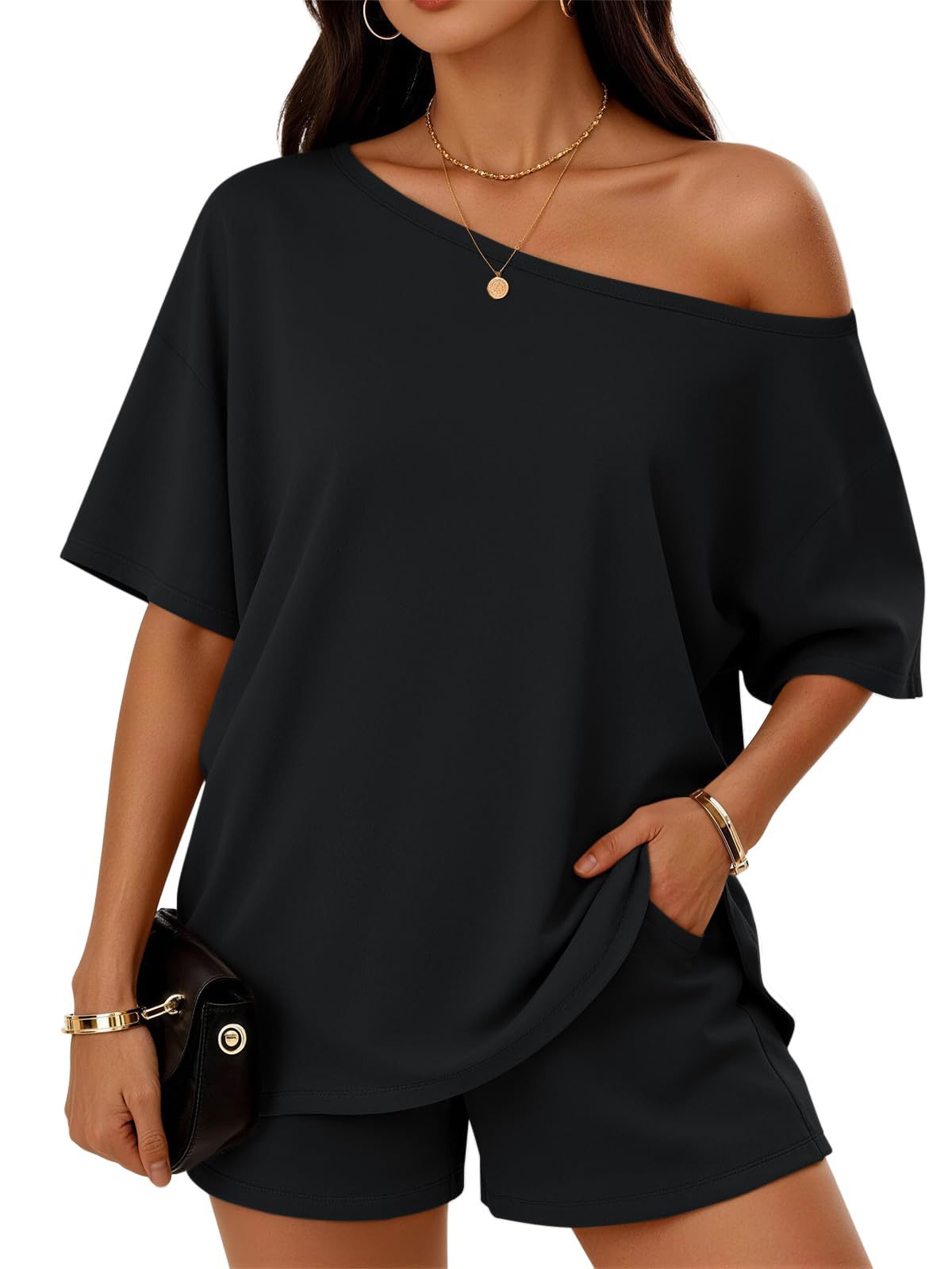 Women's Off Shoulder Lounge Set Casual Two Piece Shorts Outfit