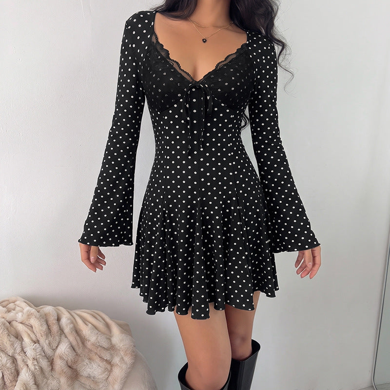 Polka Dot Lace V Neck Mini Dress Vintage Long Sleeve