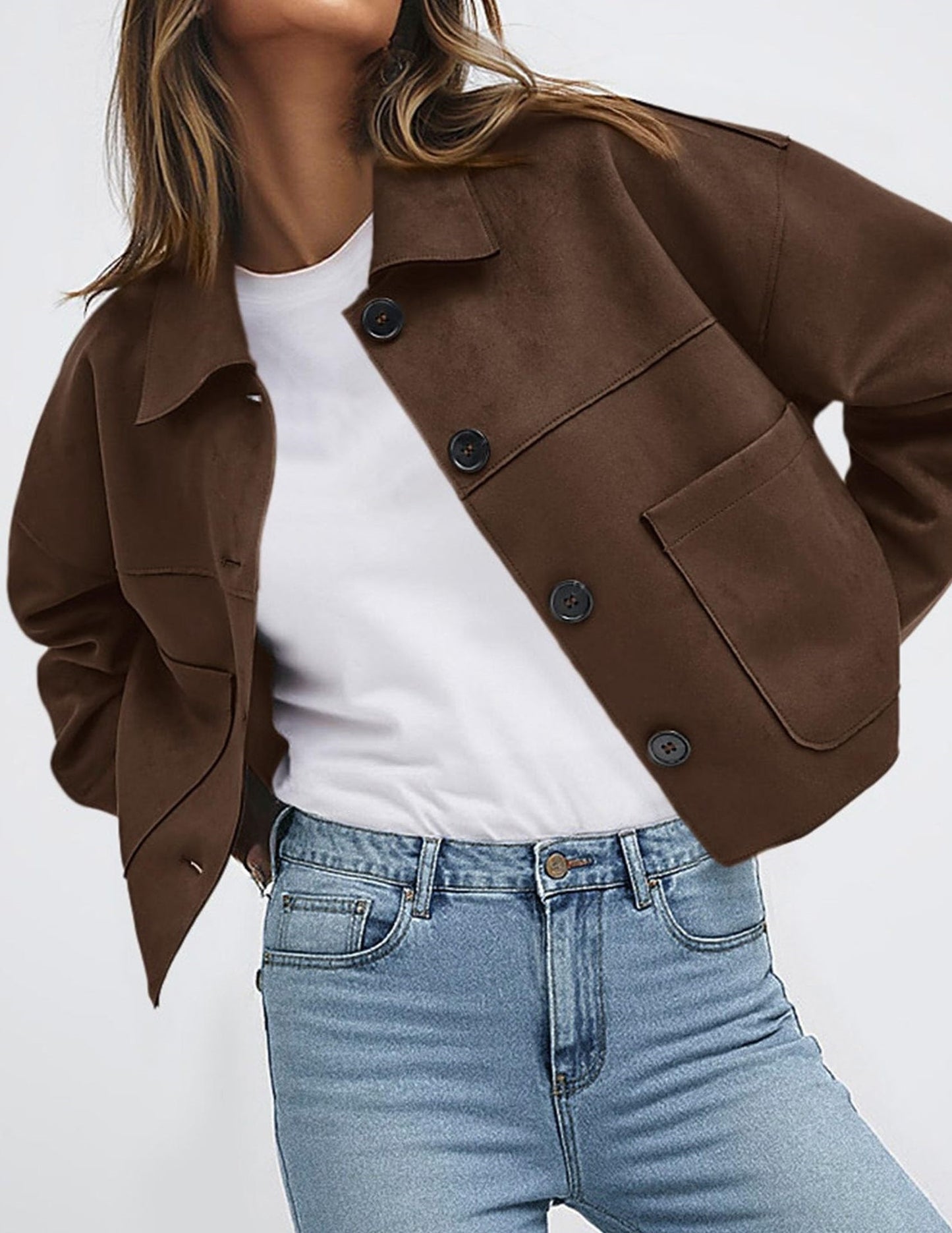 Solid Suede Jacket Western Cropped Button Front