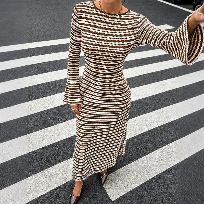 Women's Striped Knit Bodycon Dress Open Back Flare Sleeve