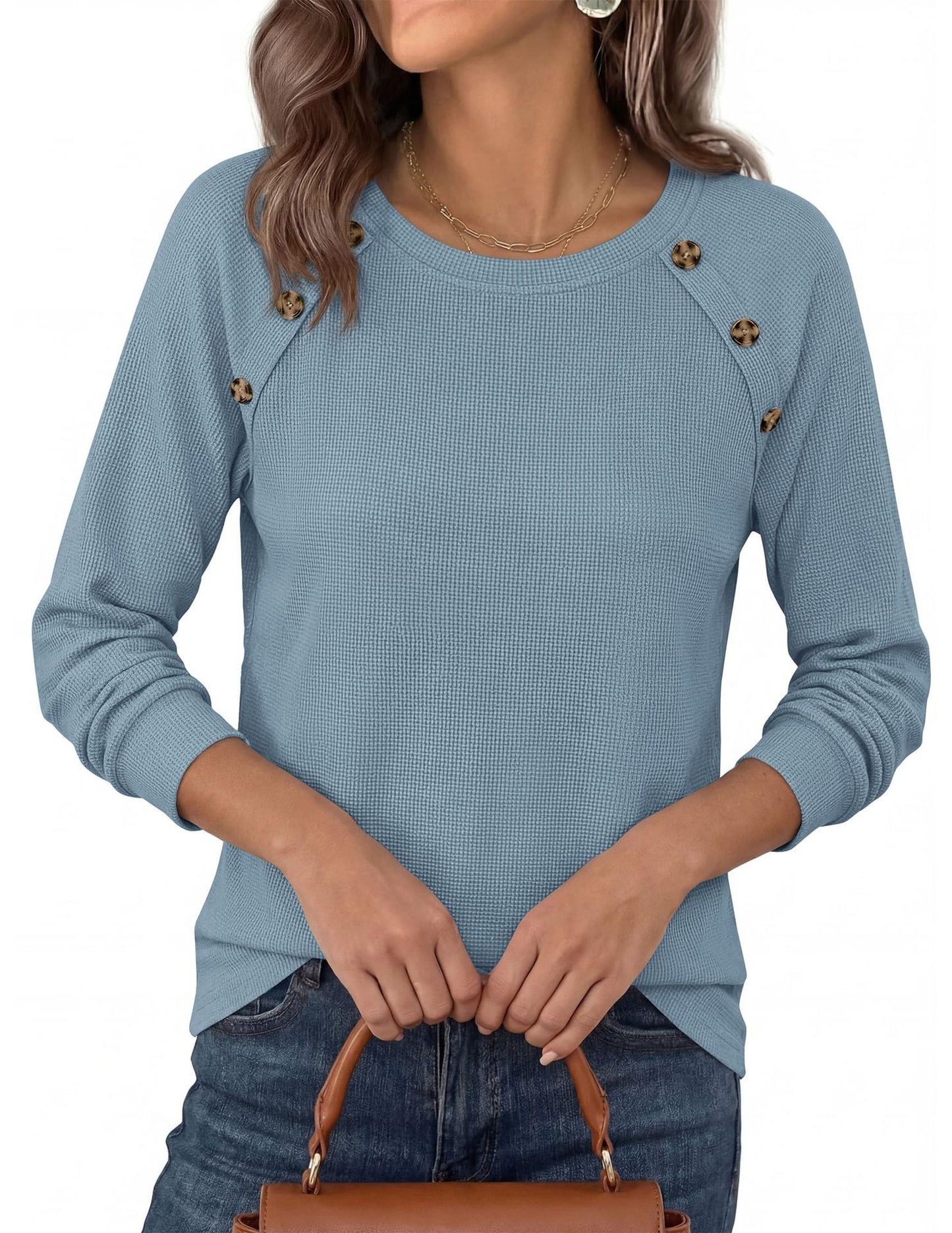 Waffle Knit Button Detail Top Long Sleeve Casual Pullover
