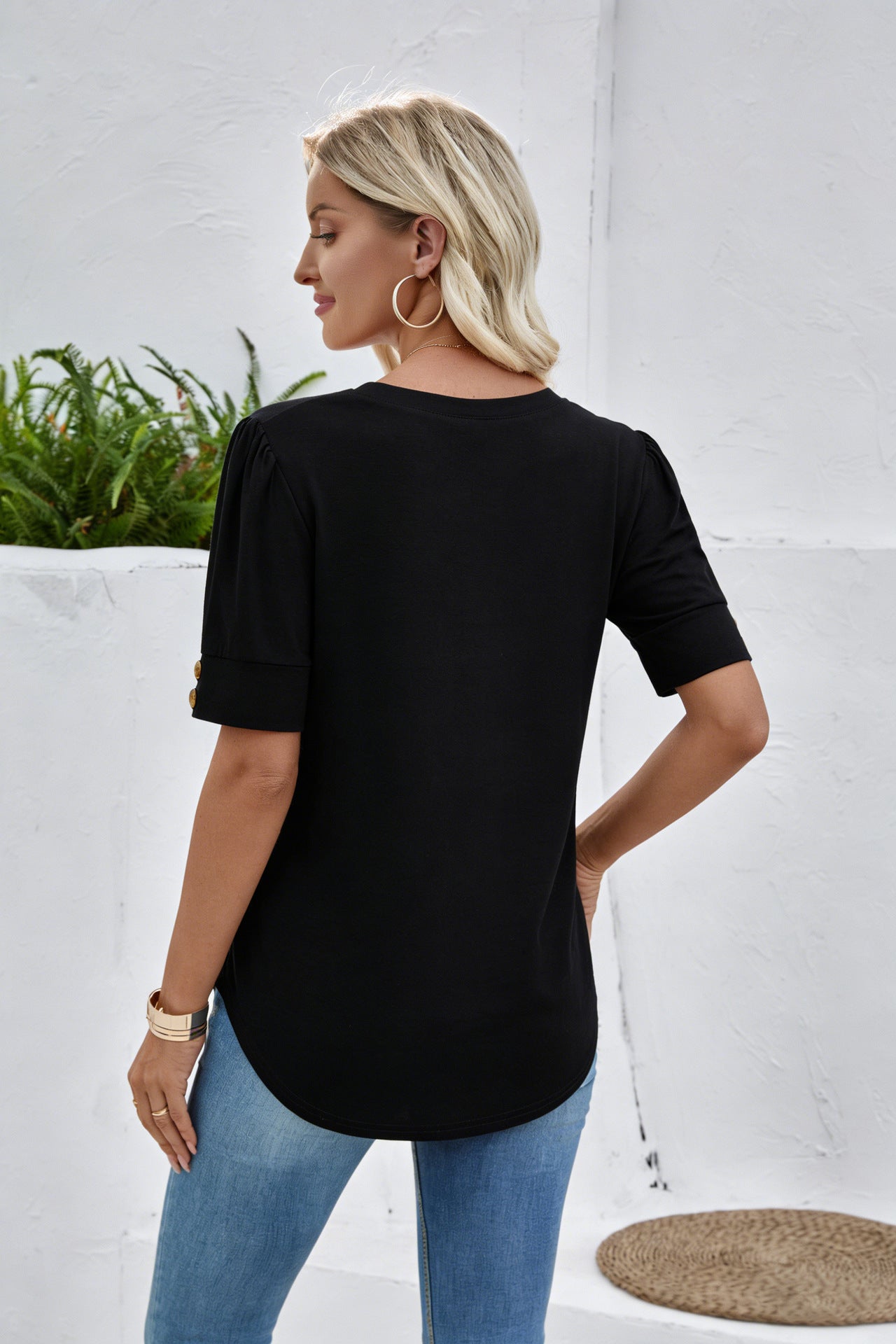 Women’s V Neck Puff Sleeve Tee Button Detail Top