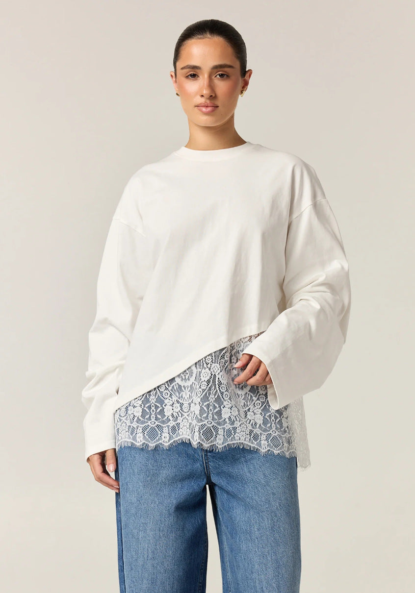 Women's Asymmetrical Lace Trim Long Sleeve Top