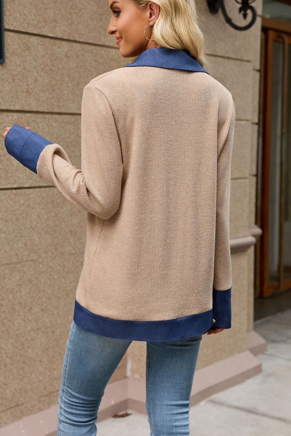 Women's Color Block Denim Trim Button Front Cardigan