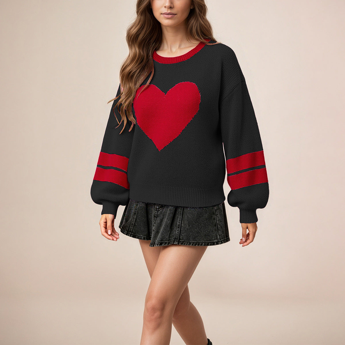 Valentine Heart Sweater Women Oversized Color Block Knit
