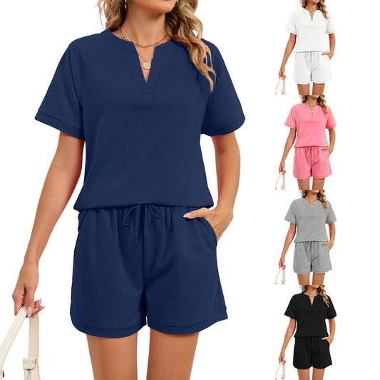 V Neck Tee & Drawstring Shorts 2 Piece Lounge Set