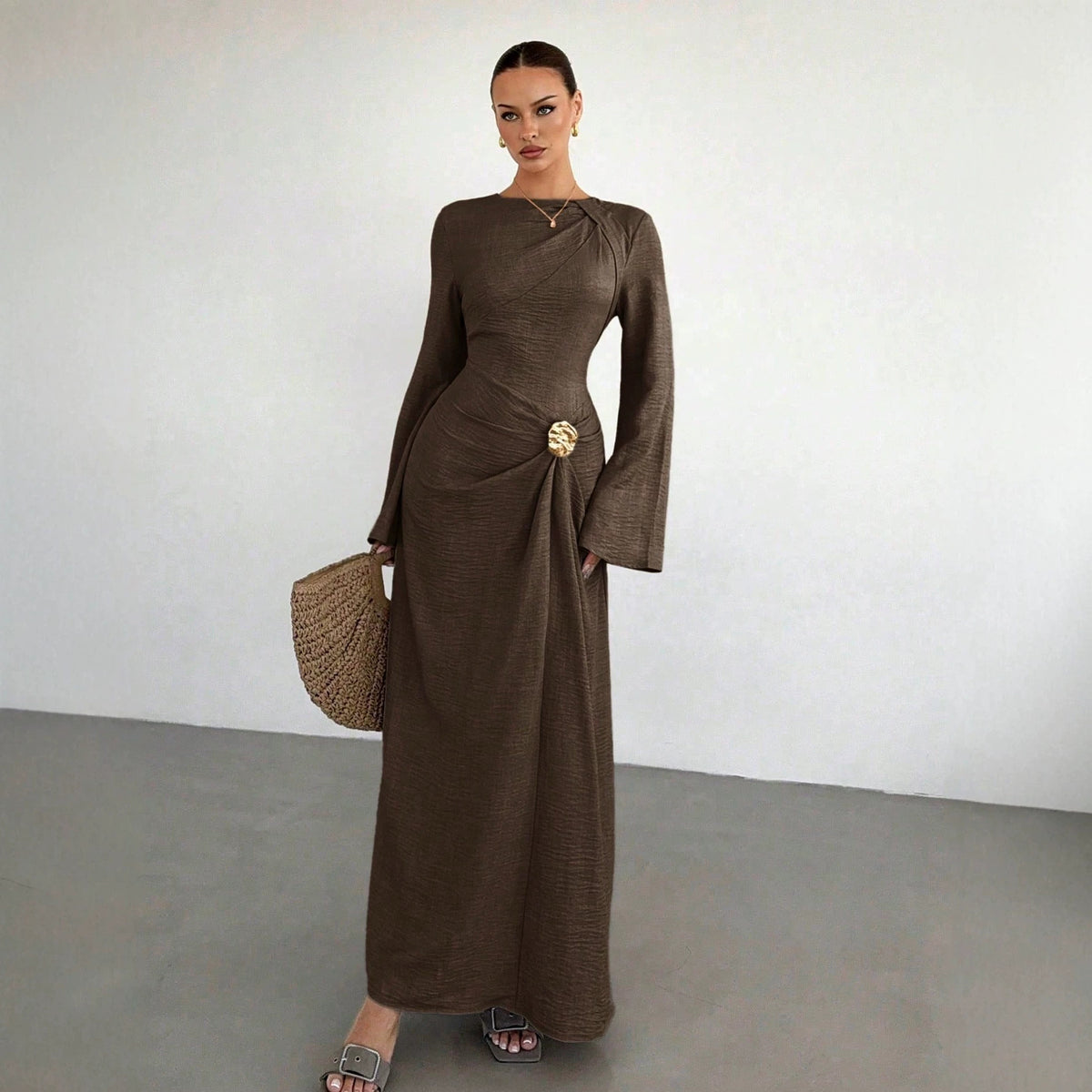 Women's Bell Sleeve Ruched Maxi Dress Gold Button