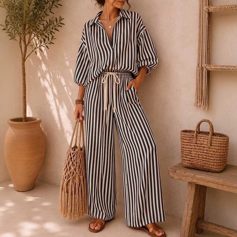 Striped Button Down Shirt & Wide Leg Pants Set