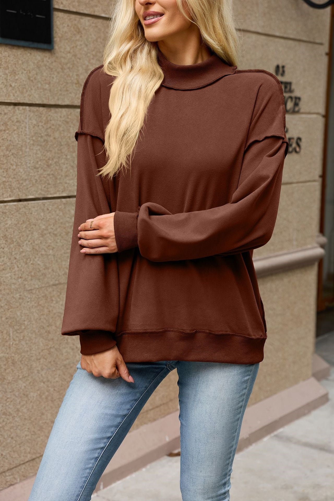 Mock Neck Exposed Seam Oversized Sweatshirt