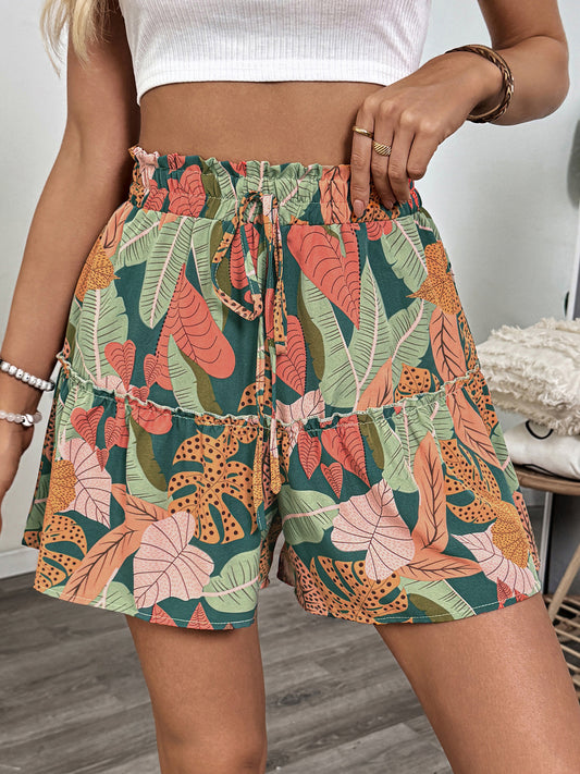 Vacation Style Floral Print Ruffle Hem Shorts