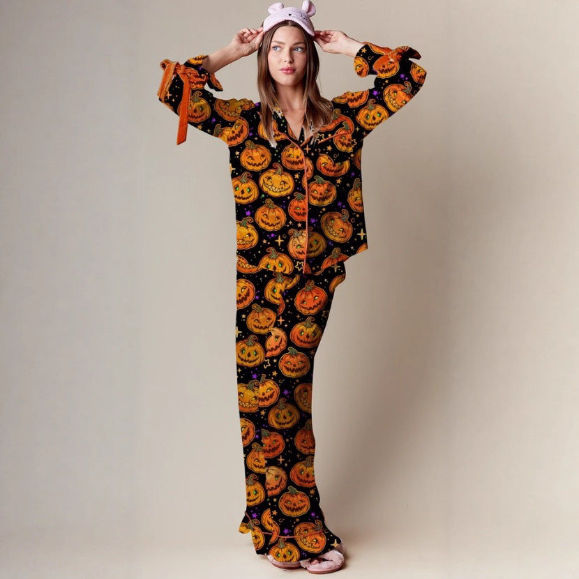Halloween Pumpkin Print Pajama Set Long Sleeve Lounge Set