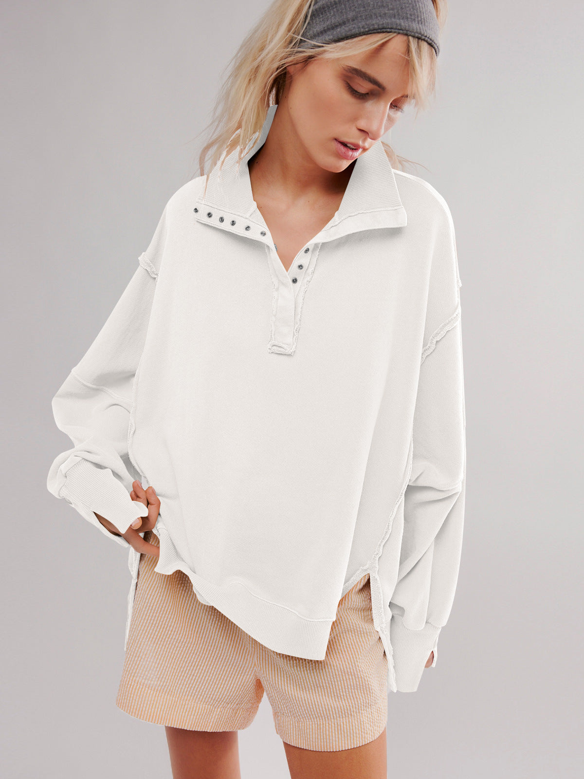 Oversized Collared Balloon Sleeve Split Hem Sweatshirt