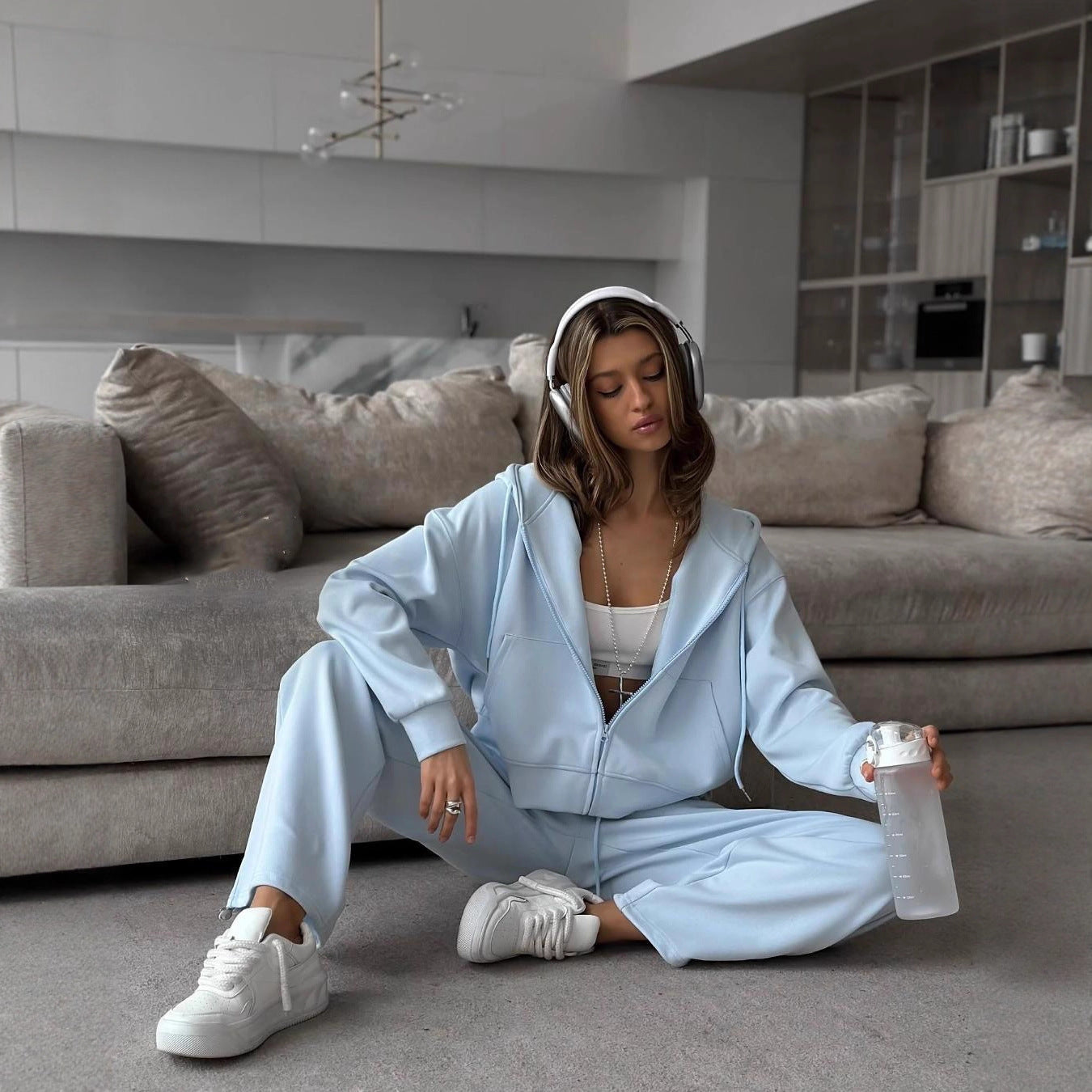 Two Piece Lounge Set with Zip-Up Hoodie & Wide-Leg Pants