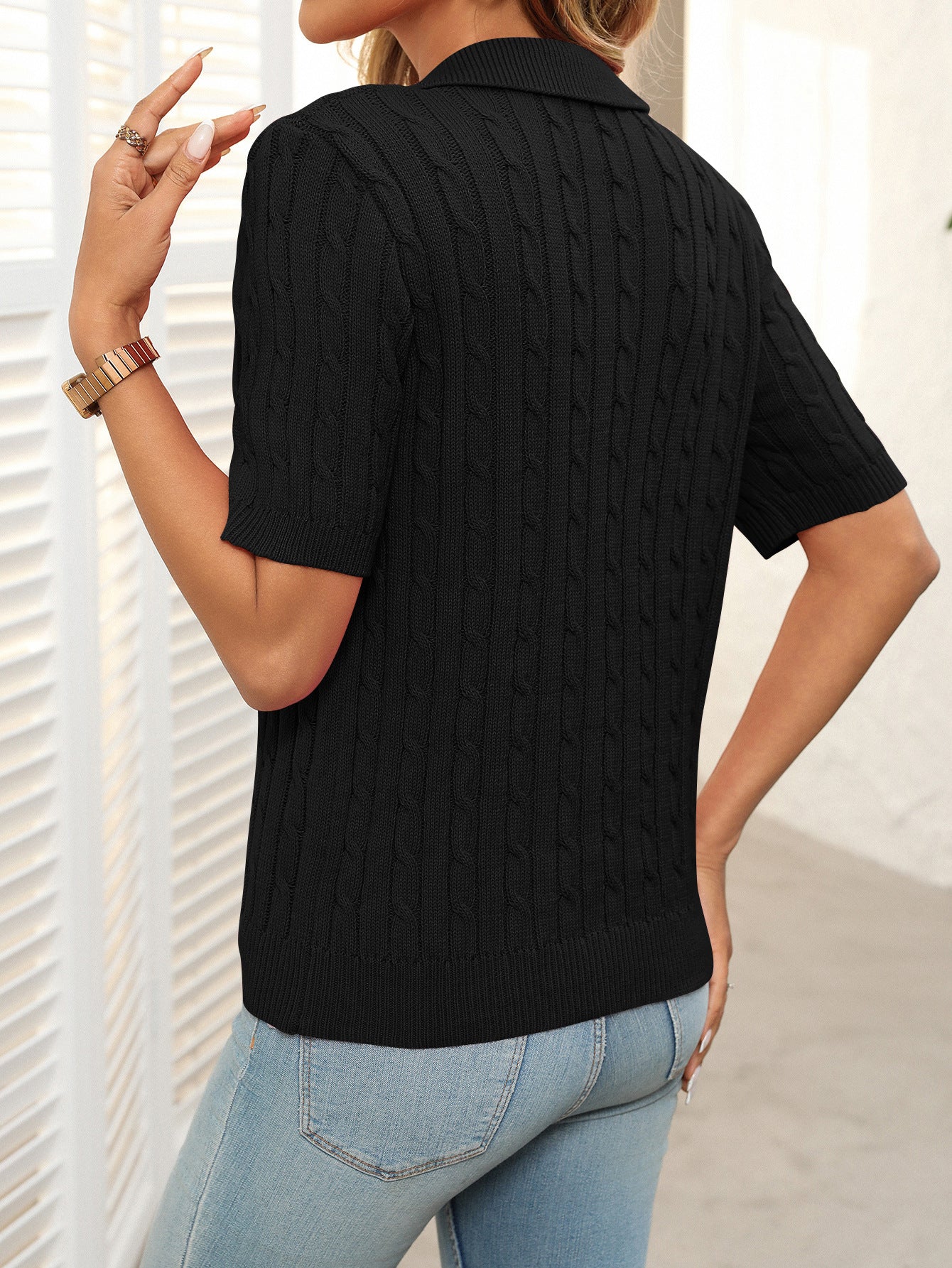 Polo V Neck Cable Knit Casual Soft Pullover Shirts for Women