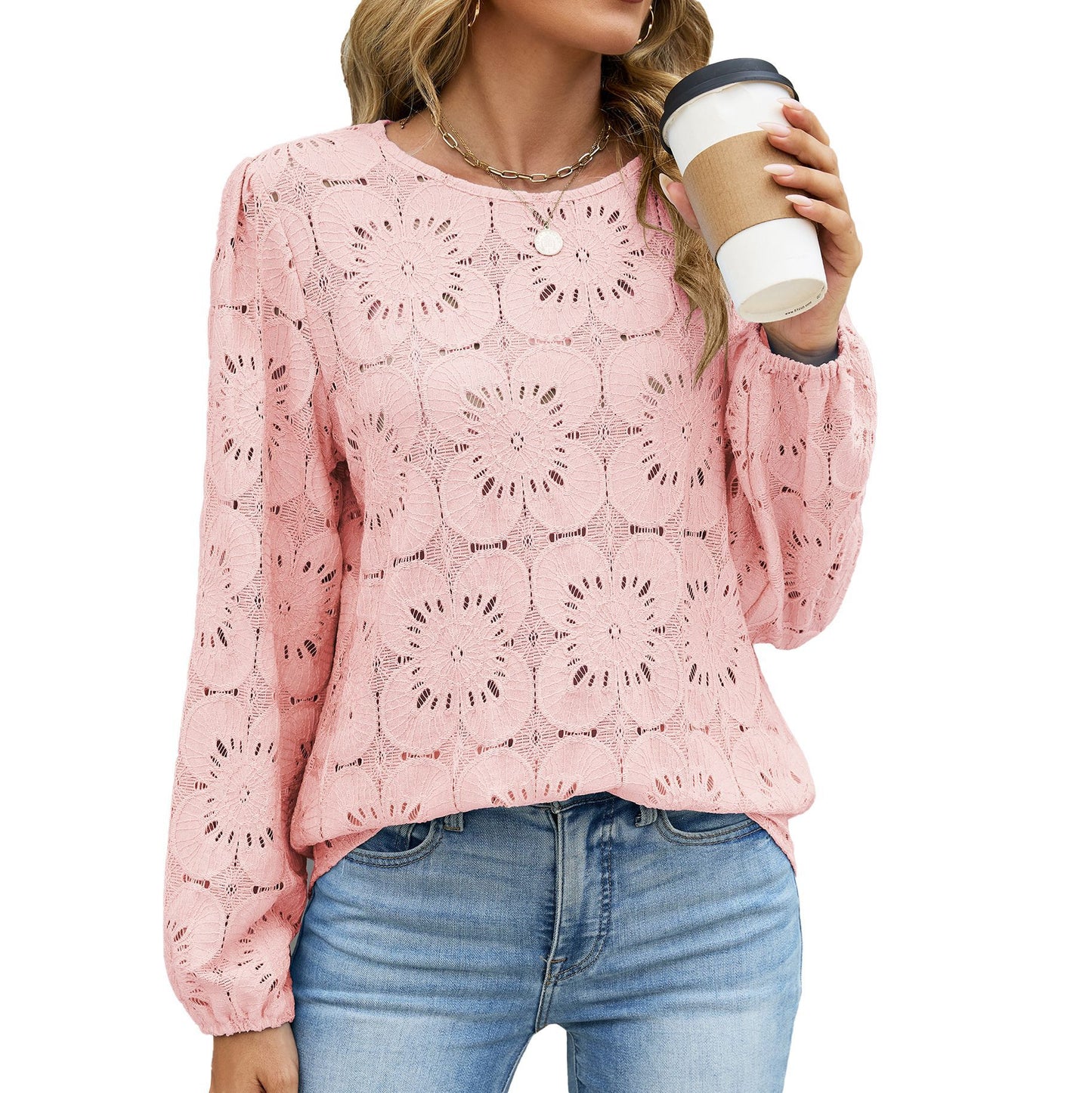 Eyelet Lace V Neck Top Long Sleeve Loose Casual Blouse