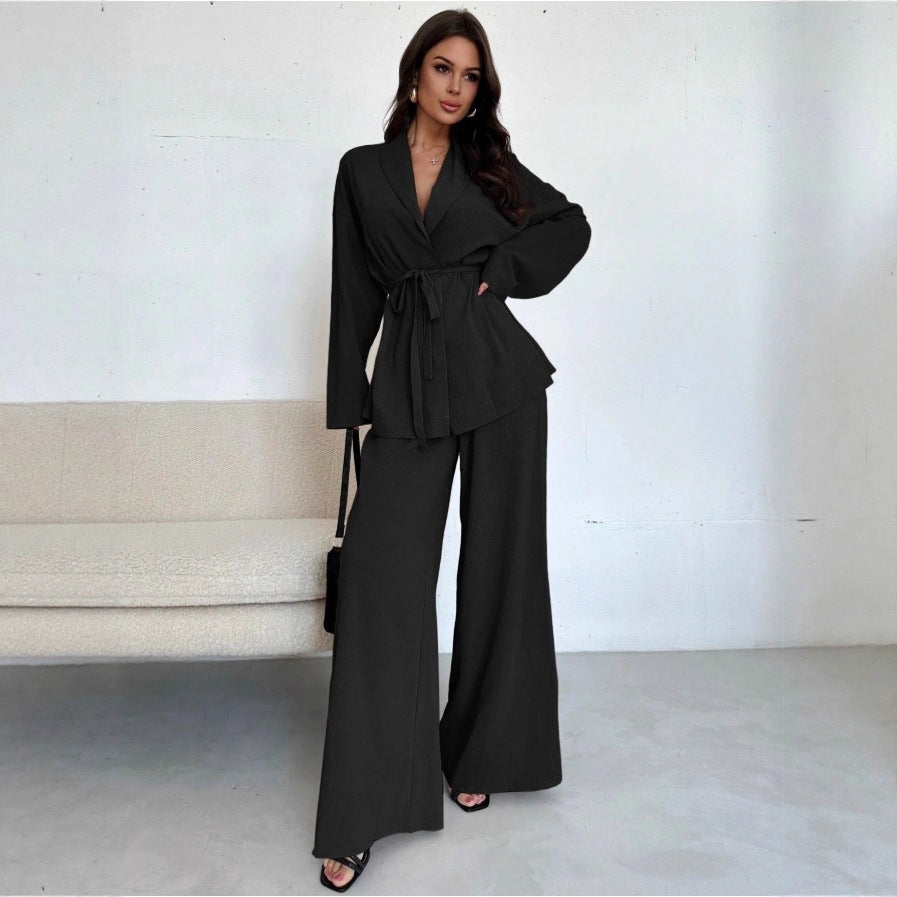 Two Piece Pants Set Wide Leg Belted Blazer Outfit