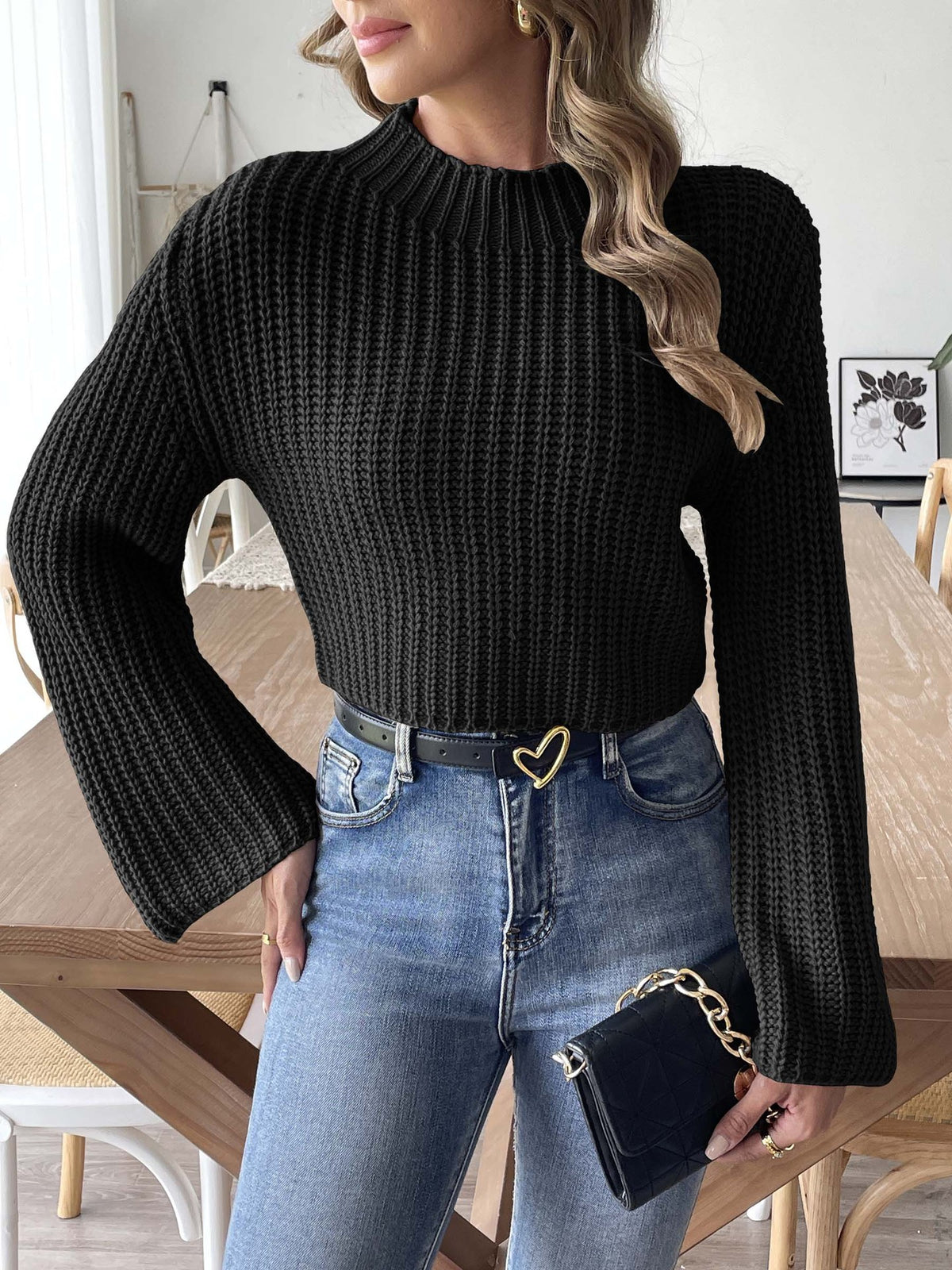 Women's Cropped Mock Neck Bell Sleeve Knit Sweater