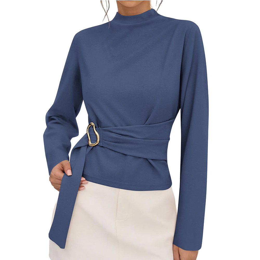 Solid Ponte Top Mock Neck Blouse Belted Slim Fit Elegant