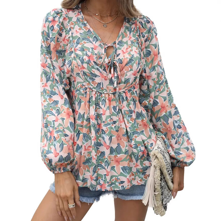 Floral Tie Neck Blouse Ruffle Long Sleeve Relaxed Fit