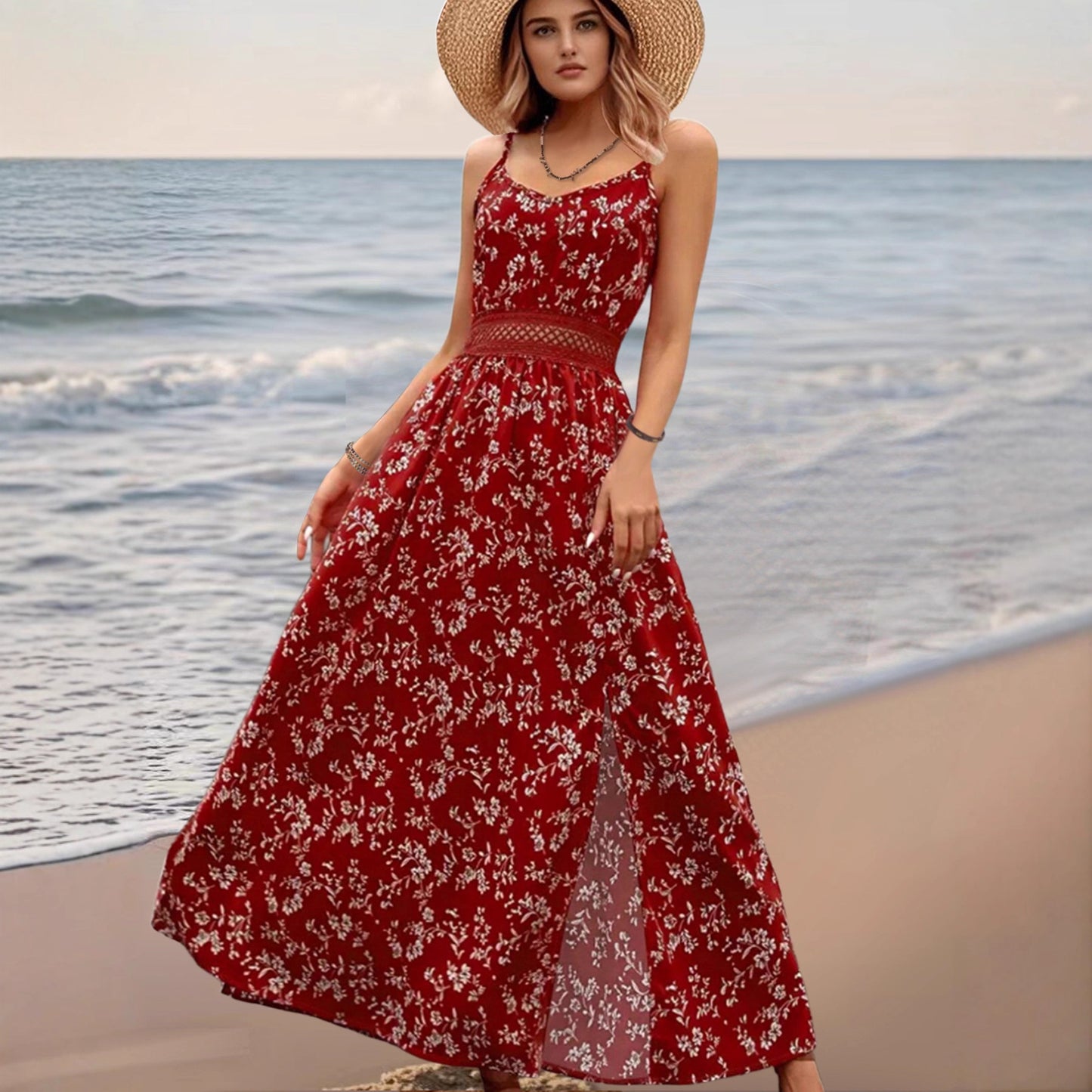 Women’s Floral Cami Maxi Dress Lace Waist Slit