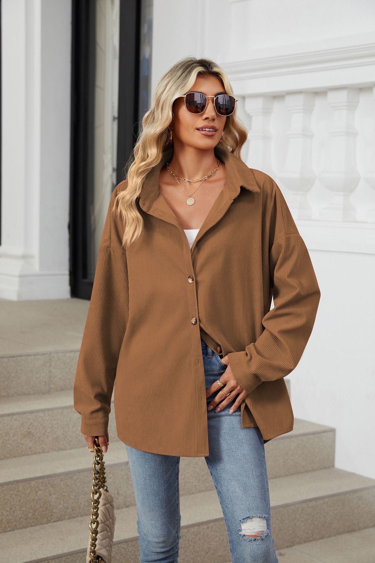 Solid Color Lapel Button-down Long-sleeved Loose Shirt