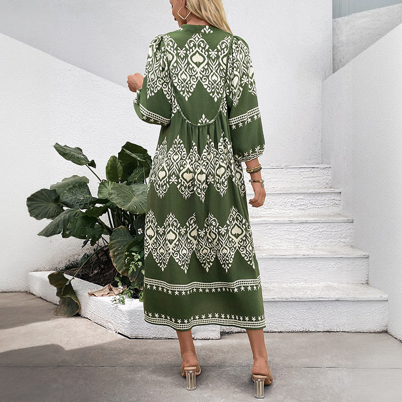 Ethnic Style Green Print Vacation A-Line Midi Dress