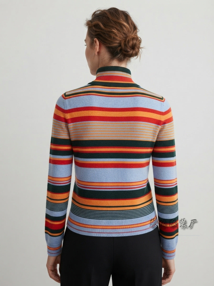 Women's Color Block Striped Turtleneck Knit Sweater