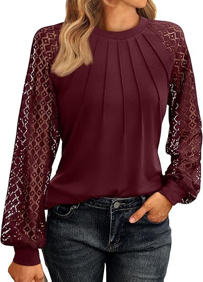 Lace Knit Blouse Casual Pleated Raglan Sleeve Top
