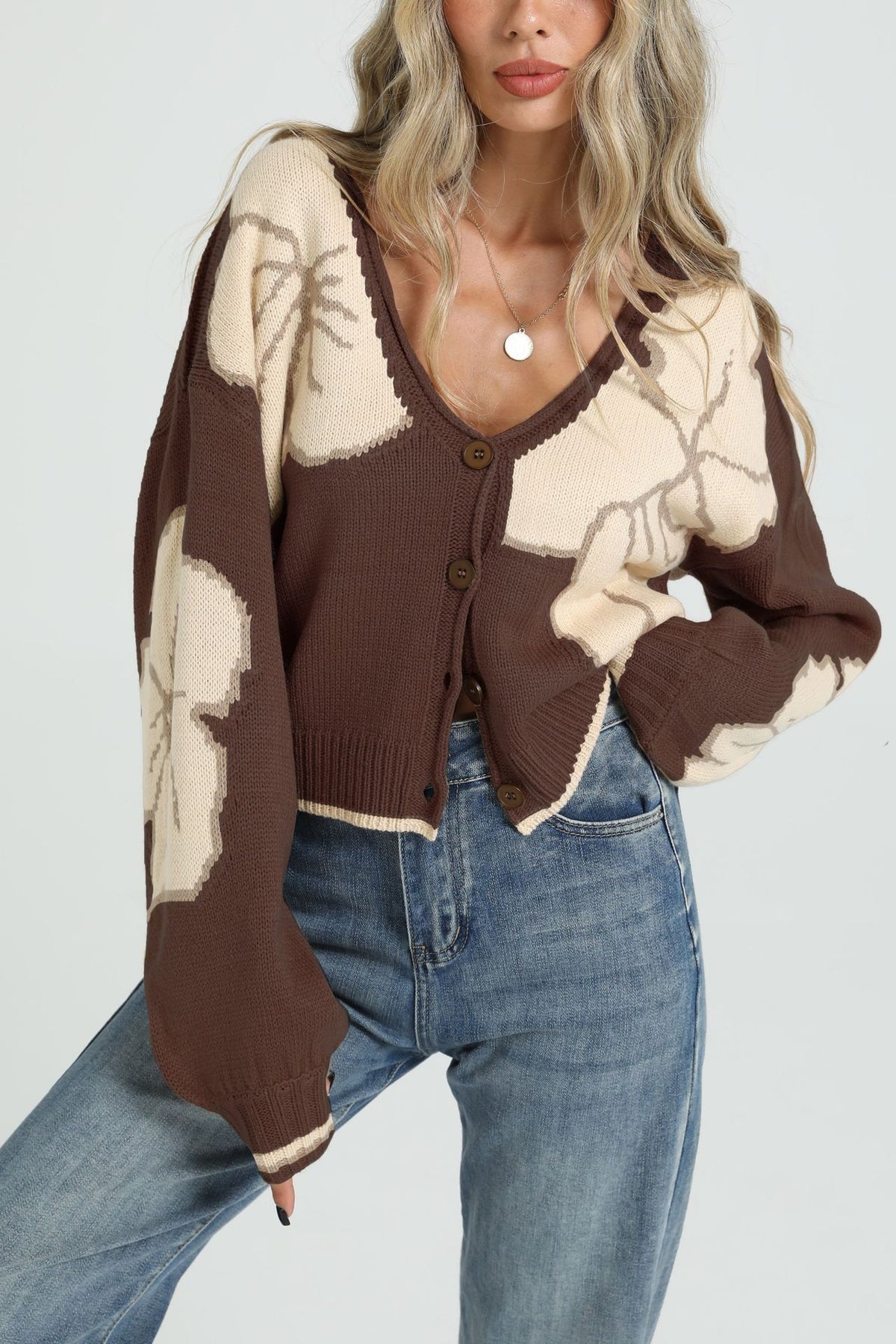 Women's Colorblock Floral Button V-Neck Cardigan Sweater
