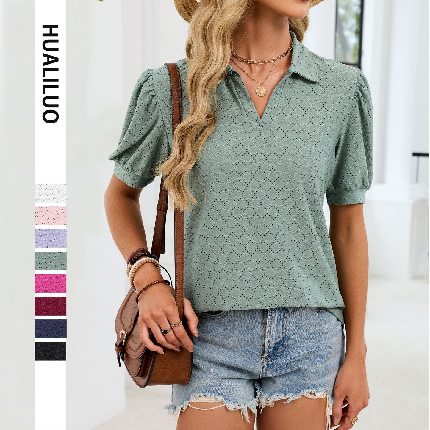 Eyelet Puff Sleeve V Neck Polo Blouse Casual Chic