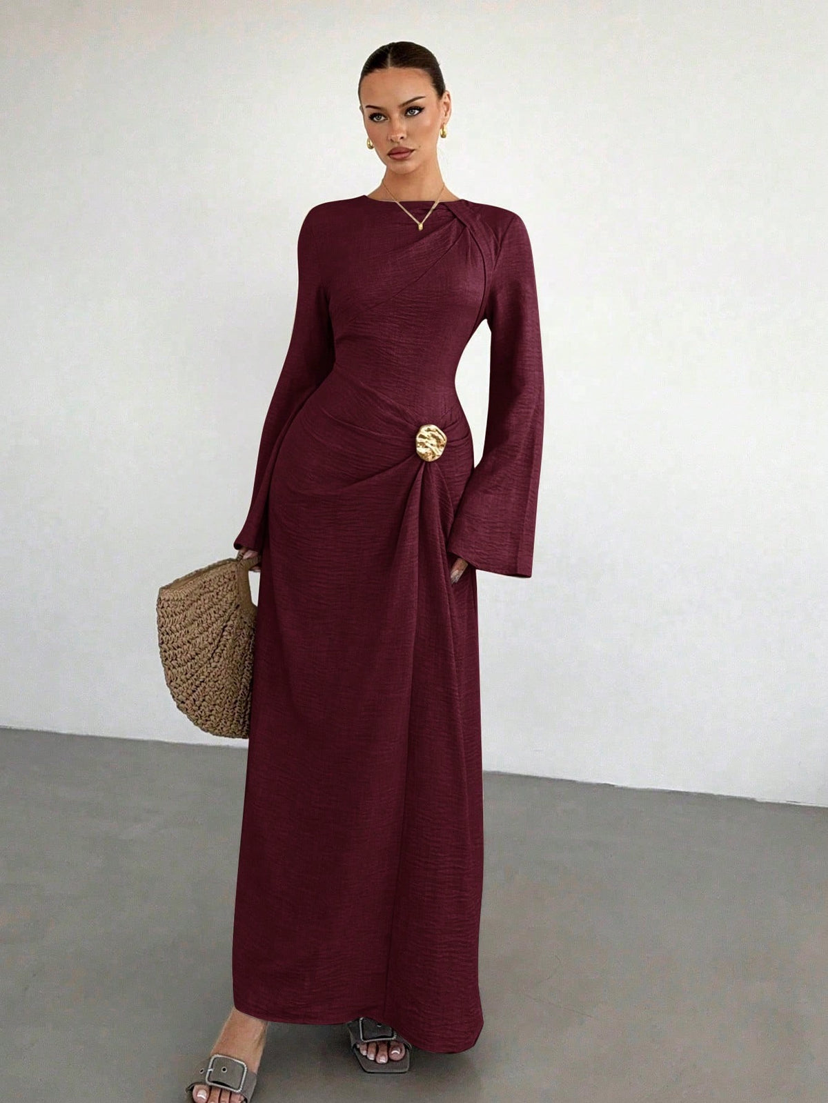 Women's Bell Sleeve Ruched Maxi Dress Gold Button