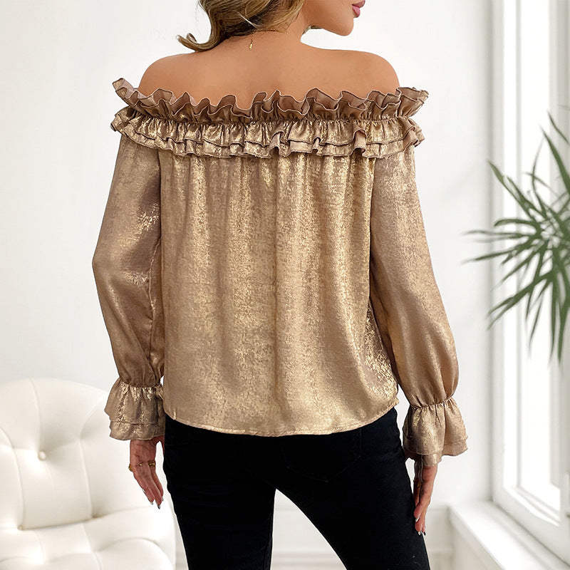 Gold Off Shoulder Ruffle Hem Long Sleeve Party Blouse