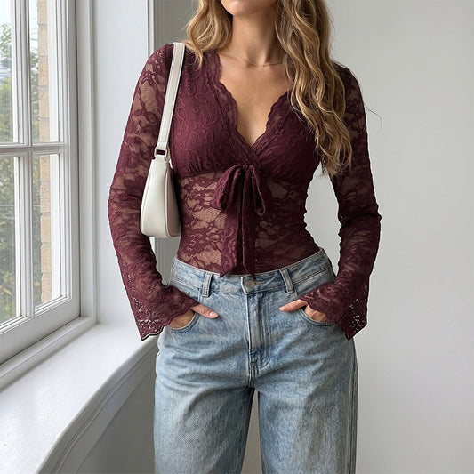 Floral Lace  Top Feminine Tie Front Long Sleeve