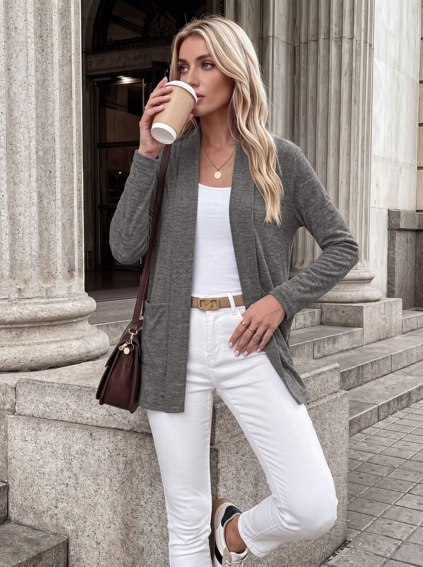Open Front Pocket Long Sleeve Cardigan
