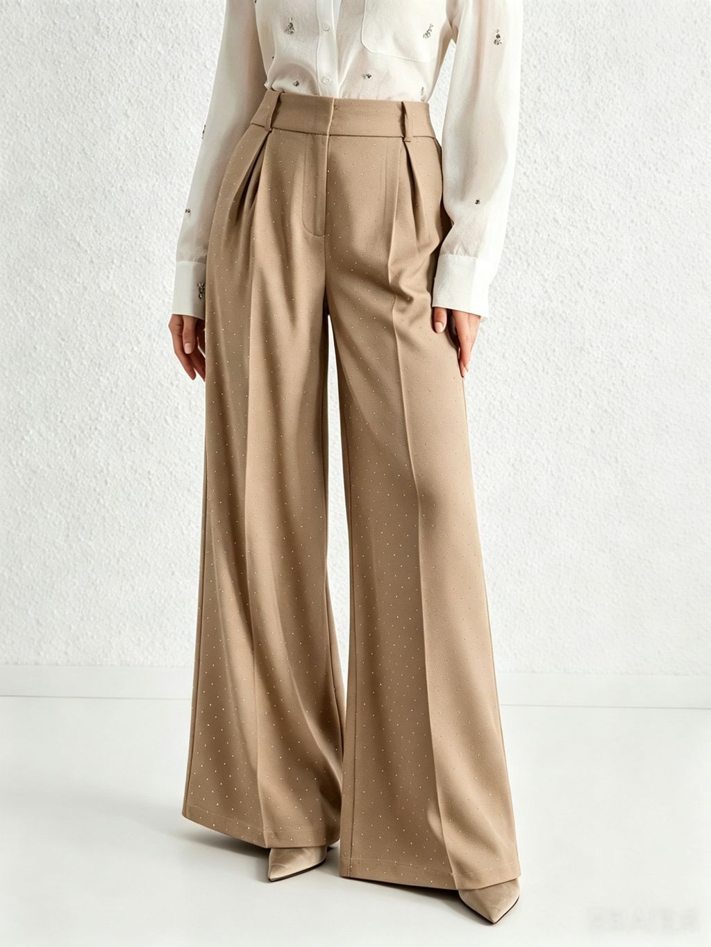 Rhinestone High Waist Pleated Wide Leg Dress Pants