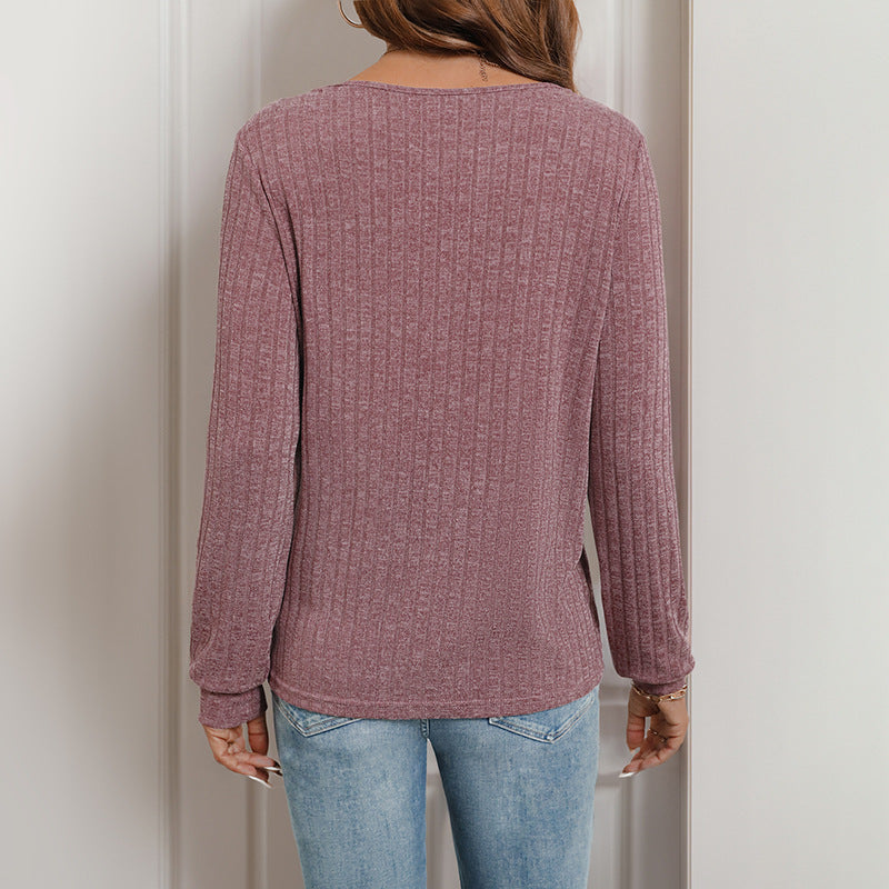 Square Neck French Long-sleeved Knitted Sweater Polished Pit Strip Pullover T-shirt