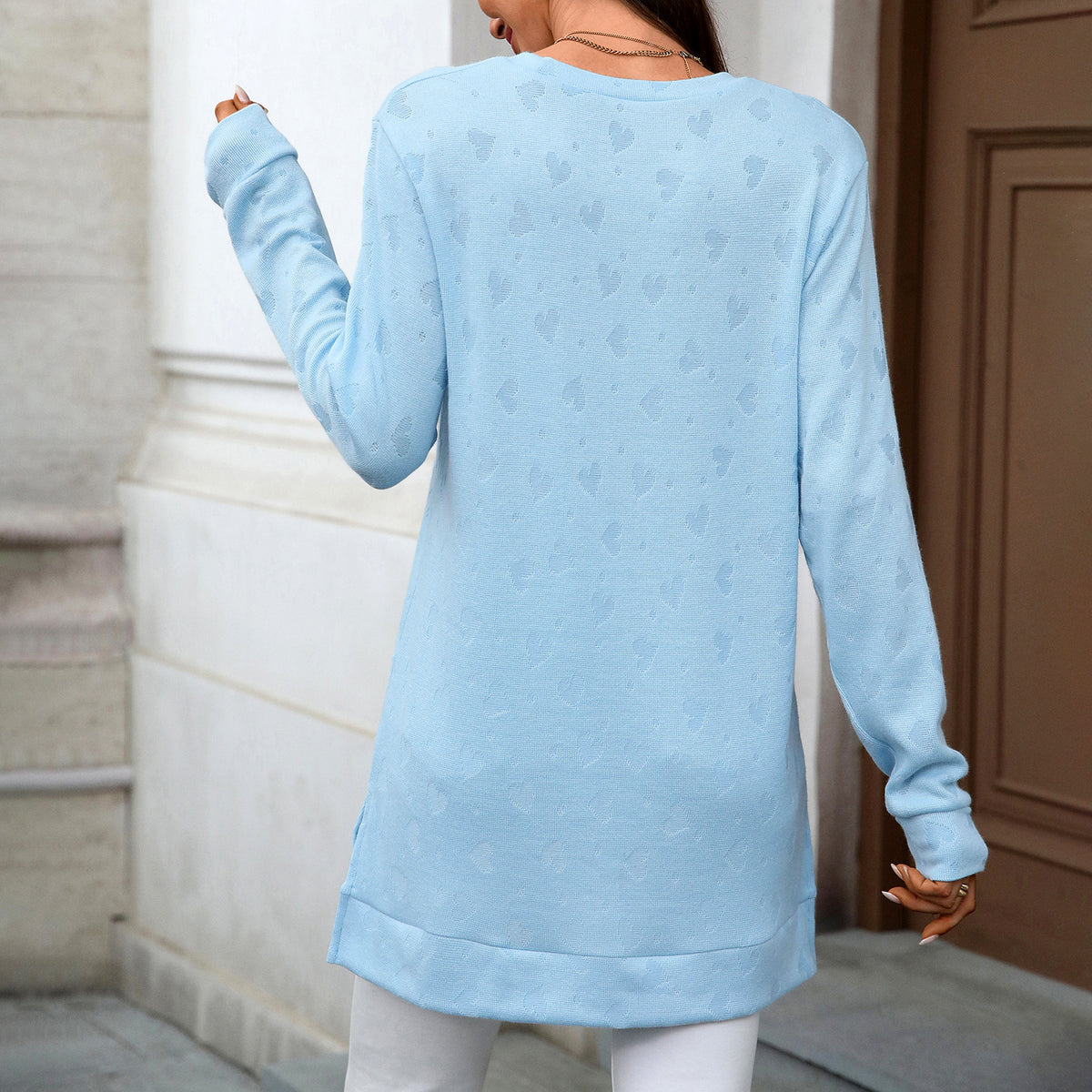 Oversized Crew Neck Long Sleeve Side Slit Knit Tunic Top