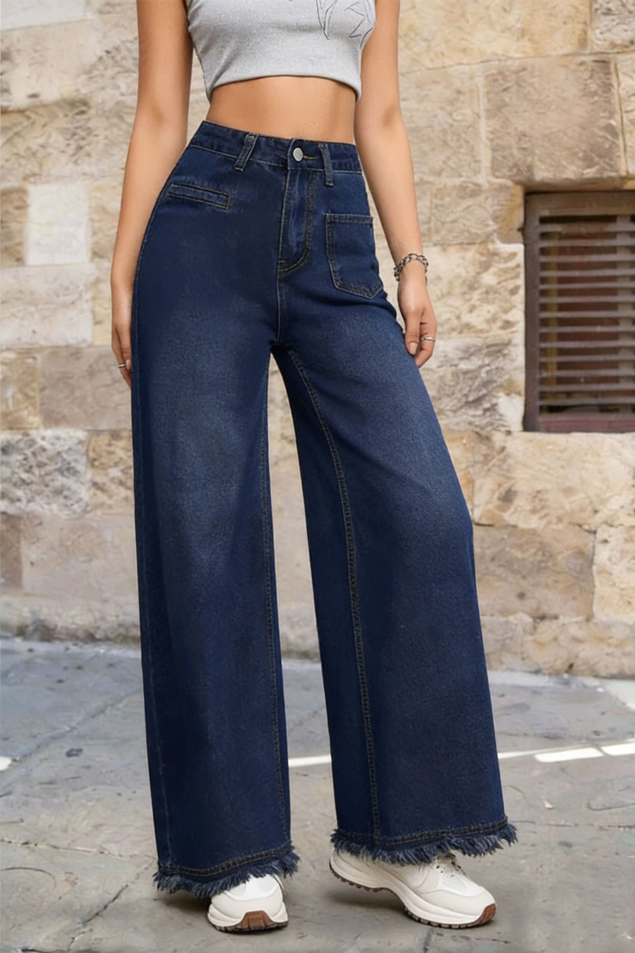 Washed Denim Jeans Vintage High Waist Wide Leg Fringe