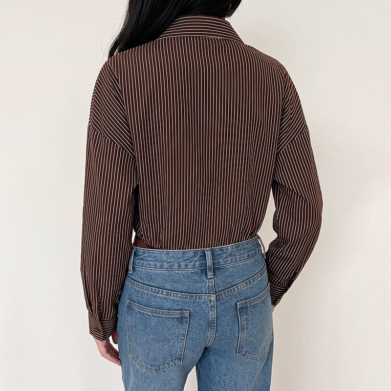 Striped Shirt Romper Long Sleeve Button Front Jumpsuit
