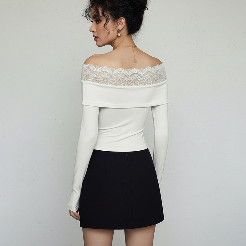 Off Shoulder Lace Trim Long Sleeve White Bodysuit