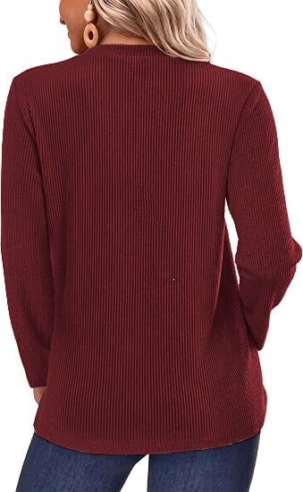 Women's Color Block Ribbed Button Long Sleeve Top
