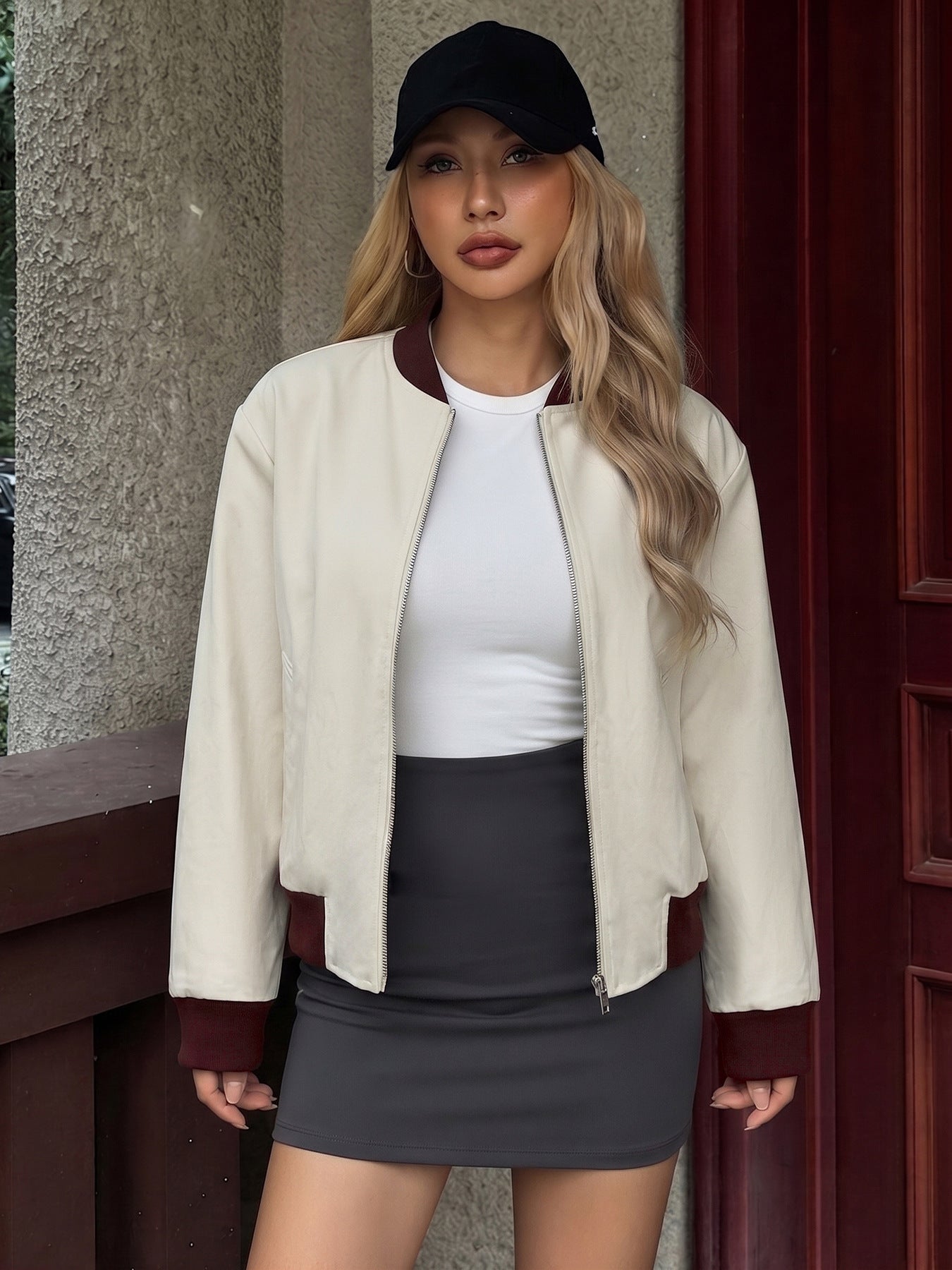 Contrast Trim Zip Up Bomber Jacket