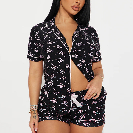 Black Bow Print Short Sleeve Two-Piece Summer Pajama Set