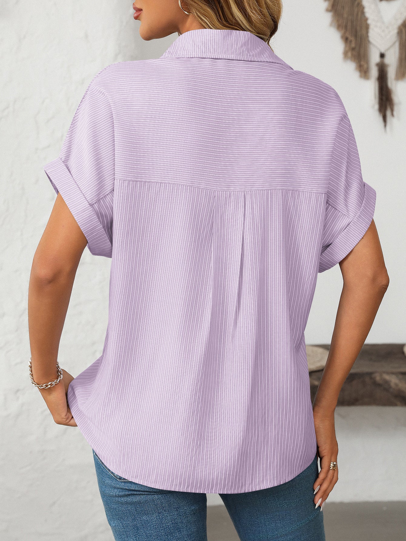 Women's Button Down Short Sleeve Shirt Lapel Striped Casual Shirt