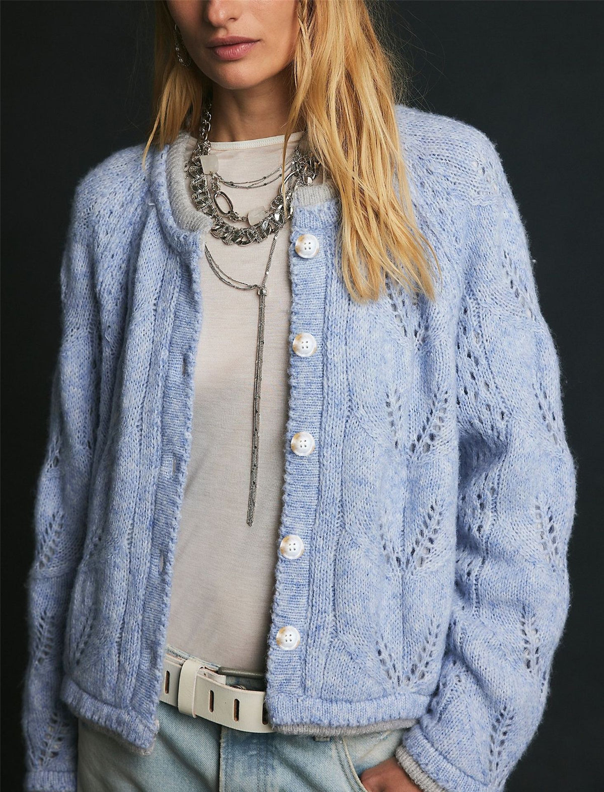 Oversized Chunky Knit Cardigan Button Front Color Block