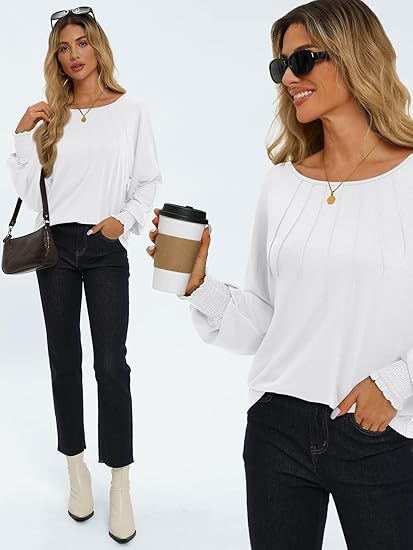 Women's Pleated Crew Neck Lantern Sleeve Oversized Pullover