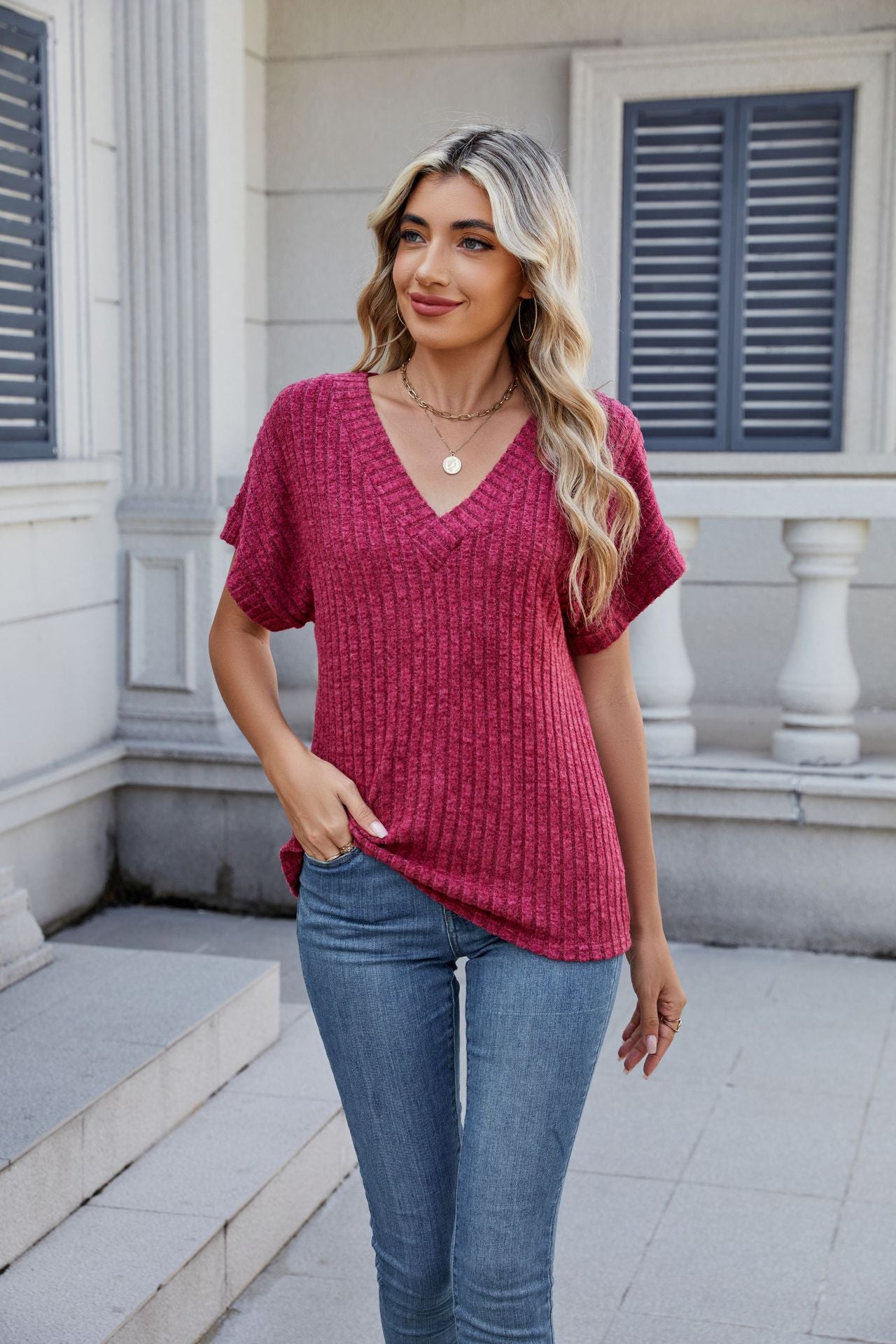 Ribbed Knit Top Casual Dolman Sleeve V Neck