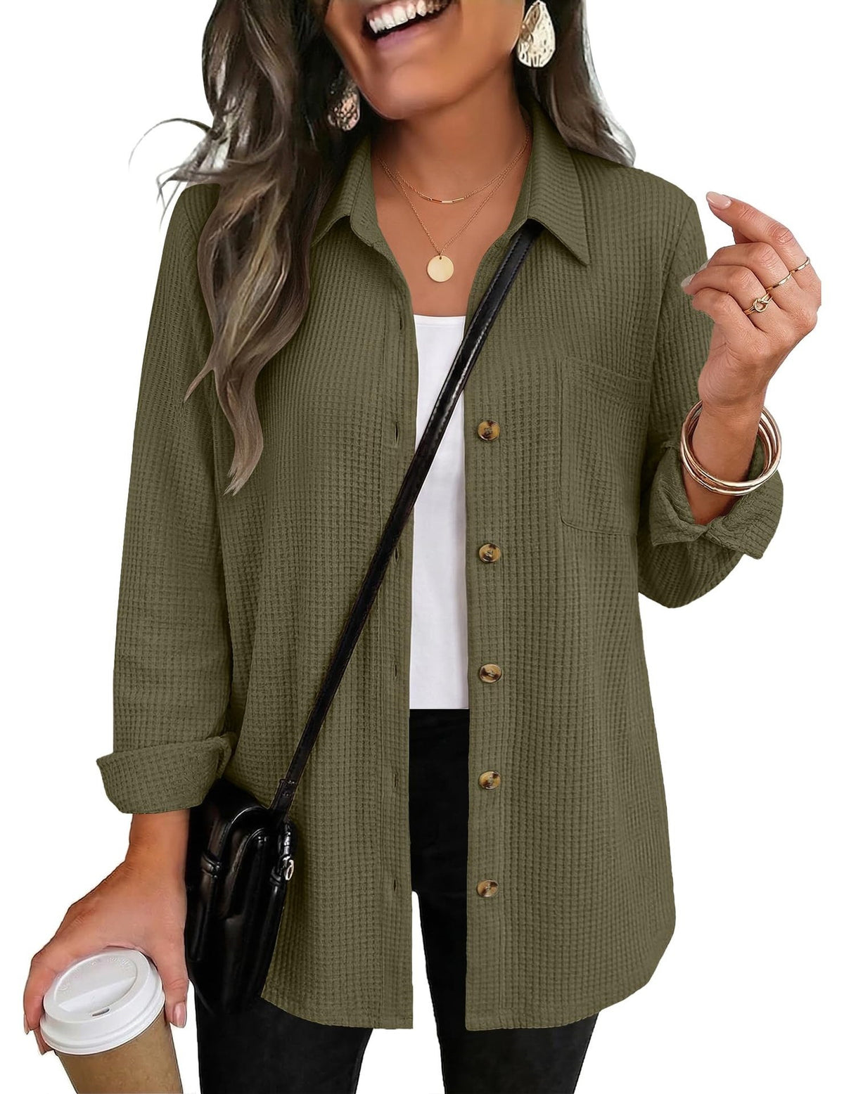 Women's Waffle Knit Button Down Long Sleeve Tunic Shirt