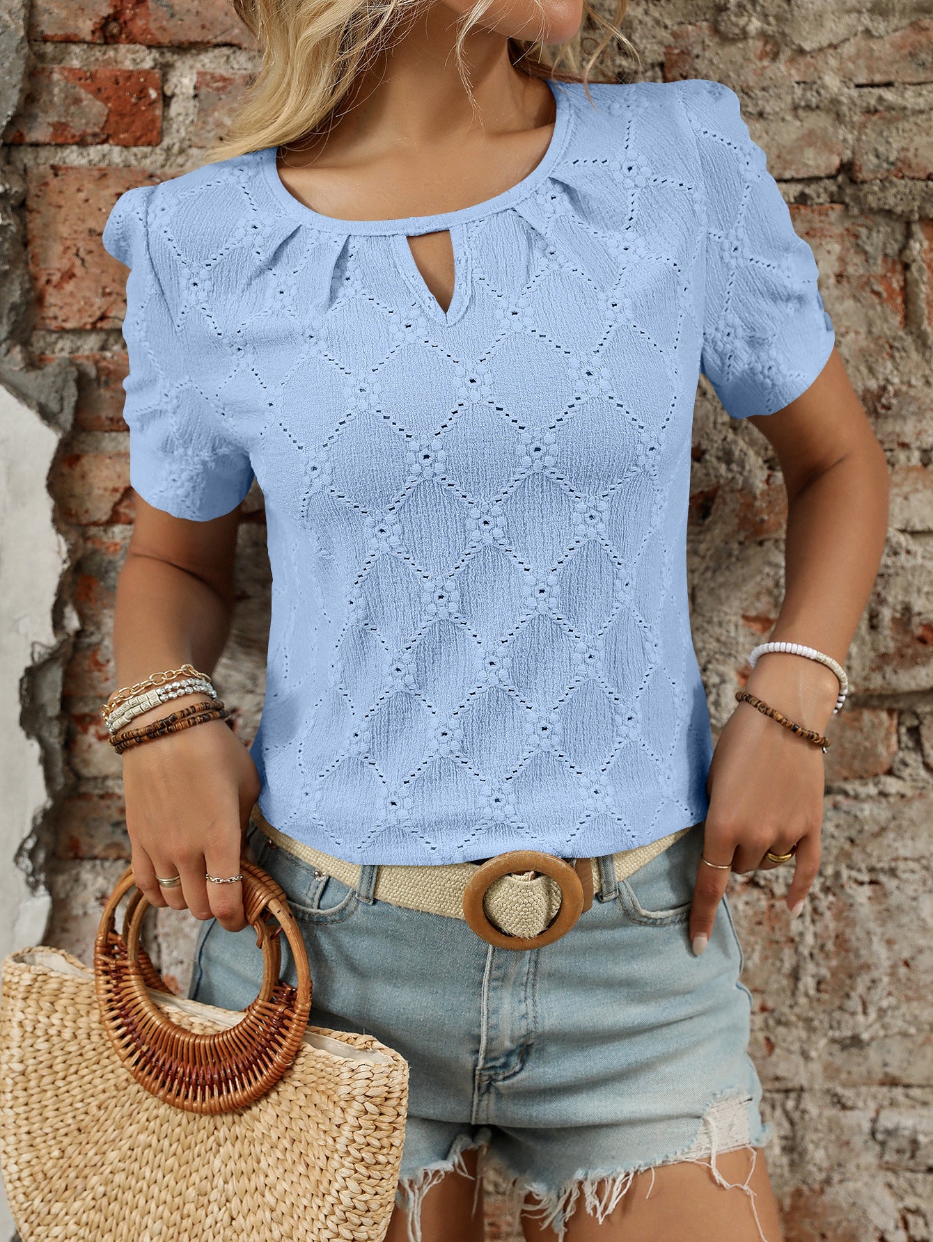 Women’s Eyelet Knit T Shirt Short Sleeve Summer Top
